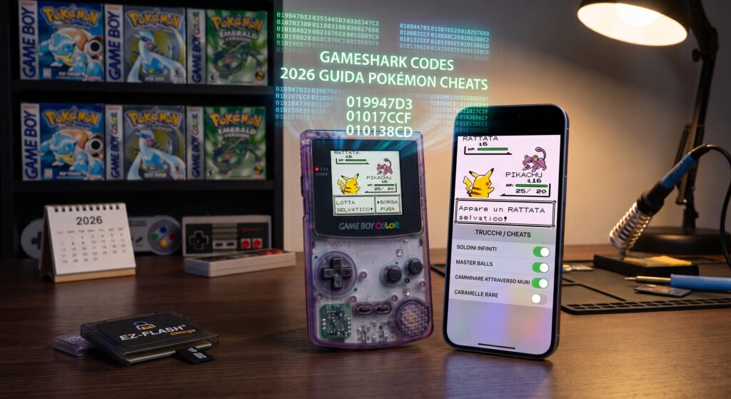 Smartphone con emulatore e menu dei trucchi in italiano accanto a un Game Boy Color. Sullo sfondo scatole di giochi Pokémon, codici GameShark e una cartuccia EZ-Flash.