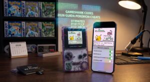 Smartphone con emulatore e menu dei trucchi in italiano accanto a un Game Boy Color. Sullo sfondo scatole di giochi Pokémon, codici GameShark e una cartuccia EZ-Flash.