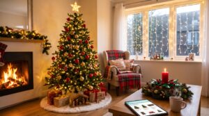 Salotto accogliente decorato per Natale con albero illuminato, camino acceso e tablet aperto su Amazon per lo shopping natalizio.